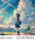 School girls looking up at the sky 121878003