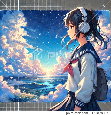 School girls looking up at the sky School girls looking up at the sky 121878004