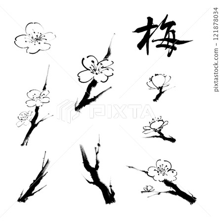 Hand-drawn plum blossoms with ink and calligraphy (PNG without background) 121878034
