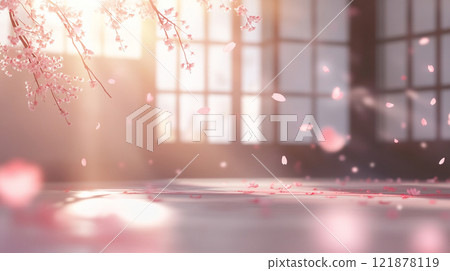 Cherry blossom petals falling on the tatami mat 121878119