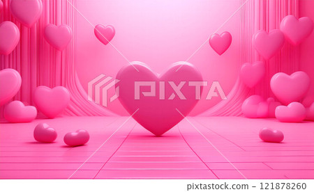 粉紅色的舞台上擺滿了心形 121878260