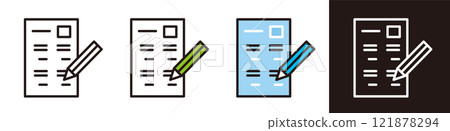 Test and materials icons. Answer sheet and pencil. Business, exam, school vector material Test and materials icons. Answer sheet and pencil. Business, exam, school vector material 121878294