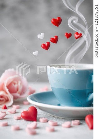 cup of coffee in a soft blue ceramic cup and 3d hearts 121878351