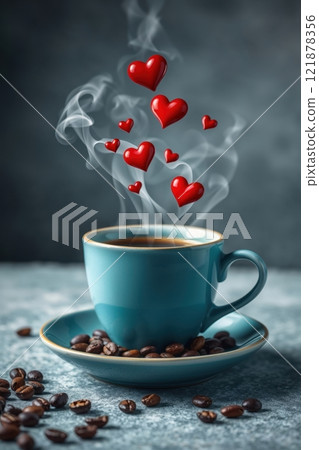 cup of coffee in a soft blue ceramic cup and 3d hearts 121878356