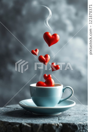 cup of coffee in a soft blue ceramic cup and 3d hearts 121878371