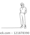 Woman in a white shirt and black pants stands in front of a white background 121878390