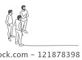 Three men are standing in a line, one of them is looking at the ground 121878398