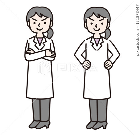A confident woman in a white coat with her arms folded (whole body): Illustration material 121878447