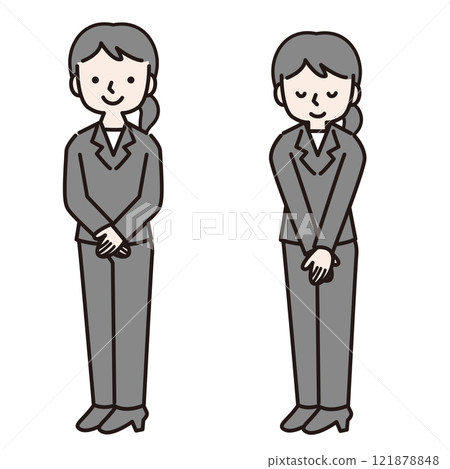 A woman in a suit bowing with her hands folded (full body): Illustration material 121878848