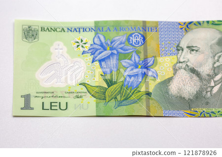 One leu banknote of Romania money closeup on white. One leu banknote of Romania money closeup on white. 121878926