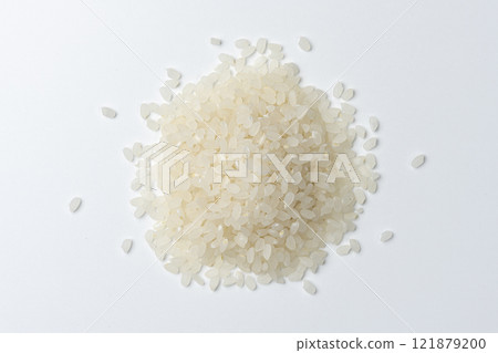 Aerial view of white rice served on a white background Aerial view of white rice served on a white background 121879200