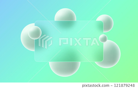 Website landing page template in glass morphism style. Frosted glass partition with floating spheres Website landing page template in glass morphism style. Frosted glass partition with floating spheres 121879248