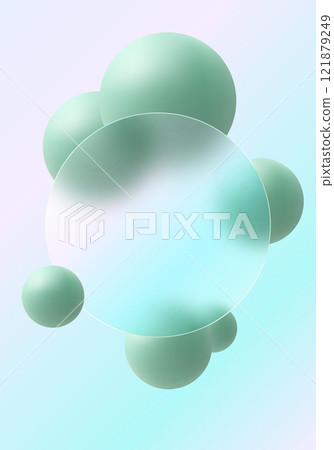 Gradient background with levitating green spheres and transparent partition, glass morphism style background. 121879249