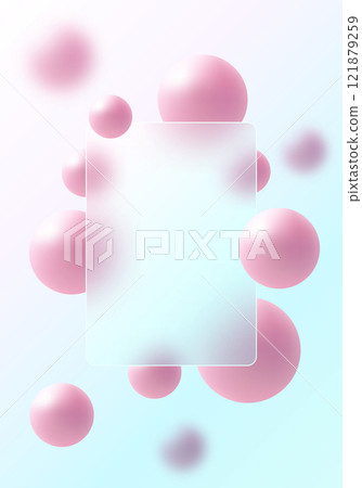 Trendy and futuristic glass morphism style background. Website landing page. Frosted glass partition with pink spheres Trendy and futuristic glass morphism style background. Website landing page. Frosted glass partition with pink spheres 121879259