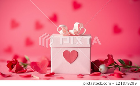 horizontal illustration of a gift box with red hearts around it to represent love and romance for valentine's day 121879299