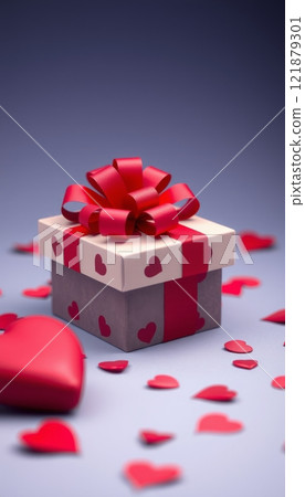 vertical illustration of a gift box with red hearts around it to represent love and romance for valentine's day 121879301