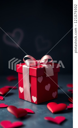 vertical illustration of a gift box with red hearts around it to represent love and romance for valentine's day 121879302