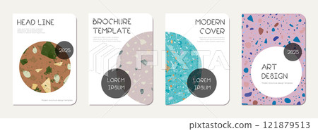 School notebook cover design. Terrazzo abstract background made of natural stones, granite, quartz and marble. Venetian terrazzo texture school notebook template. 121879513