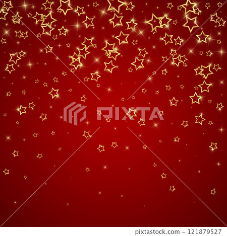 Gold sparkling star confetti. Chaotic dreamy childish overlay template. Festive stars vector illustration on red background. Gold sparkling star confetti. Chaotic dreamy childish overlay template. Festive stars vector illustration on red background. 121879527