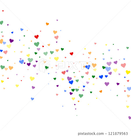 Valentine hearts, flying, falling down, floating. Rainbow colored scattered hearts. LGBT valentine card. Lovable valentine hearts vector illustration. Valentine hearts, flying, falling down, floating. Rainbow colored scattered hearts. LGBT valentine card. Lovable valentine hearts vector illustration. 121879563
