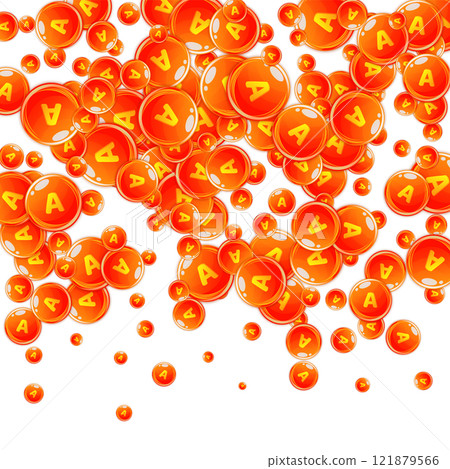 Vitamin A round capsules scattered randomly. Beauty treatment and nutrition skin care. Essential vitamins vector illustration. Healthy life concept. 121879566