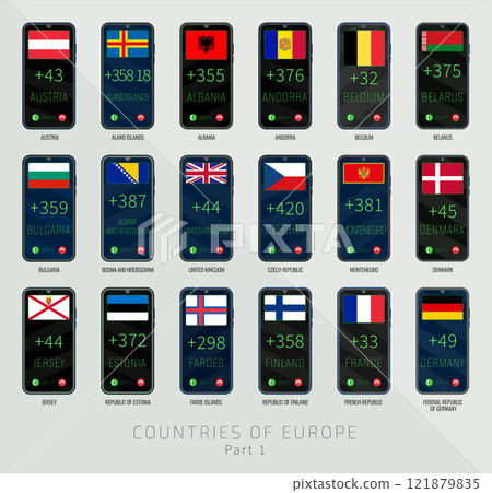 Set of vector illustrations of international dialing country codes and flags of the European Union countries. Part 1. Set of vector illustrations of international dialing country codes and flags of the European Union countries. Part 1. 121879835