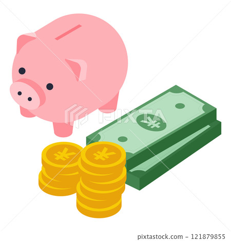 Isometric illustration of a piggy bank and Japanese yen coins and banknotes Isometric illustration of a piggy bank and Japanese yen coins and banknotes 121879855