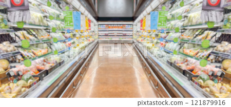 supermarket grocery store aisle and shelves blurred background 121879916