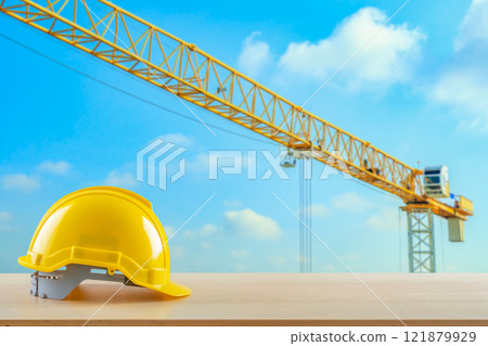 Yellow safety construction helmet on wood table with construction site background 121879929