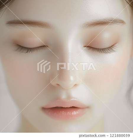 美麗肌膚的年輕女子閉著眼睛。美女形像素材 121880039