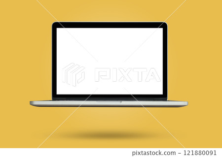 Laptop with blank screen isolated on yellow background Laptop with blank screen isolated on yellow background 121880091