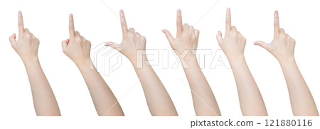 female hand touching or pointing to something set isolated on white background 121880116
