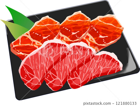 Illustration of beef arranged on a plate 121880133