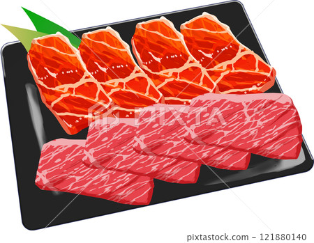 Illustration of beef lined up on a plate Illustration of beef lined up on a plate 121880140