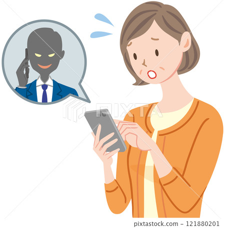 Bank transfer fraud, middle-aged woman, telephone, illustration 121880201