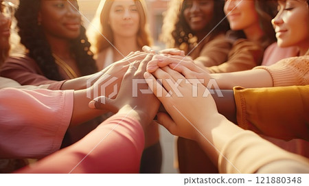 A group of diverse women joining hands in a supportive and empowering circle. Emphasizes unity and 121880348
