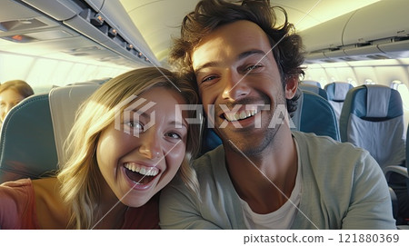 A cheerful man and woman sit side by side in an airplane, smiling at the camera. The man wears a 121880369
