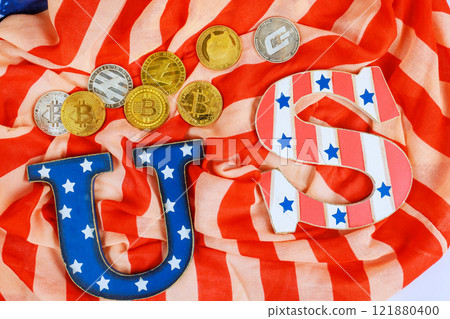 Vibrant American flag fabric with cryptocurrency Bitcoin, bold letters showcasing, US theme. 121880400