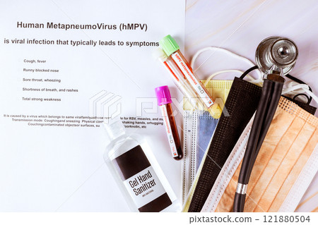 Overview of Human Metapneumovirus hMPV symptoms, prevention tips, blood test tubes displayed with medical sanitizer. 121880504