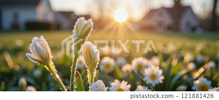 Early morning sunlight illuminates dew-covered flowers in a suburban neighborhood garden 121881426