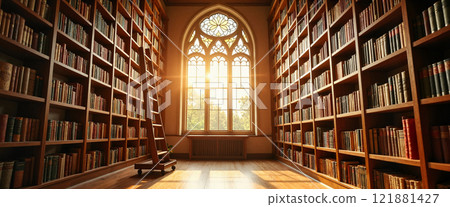 Beautiful library with tall shelves and sunlight streaming through ornate windows in the golden hour Beautiful library with tall shelves and sunlight streaming through ornate windows in the golden hour 121881427