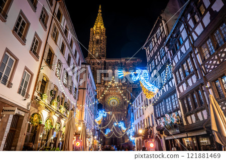 Illuminations in front of Notre Dame Cathedral, Strasbourg, France 121881469
