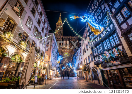 Illuminations in front of Notre Dame Cathedral, Strasbourg, France Illuminations in front of Notre Dame Cathedral, Strasbourg, France 121881470