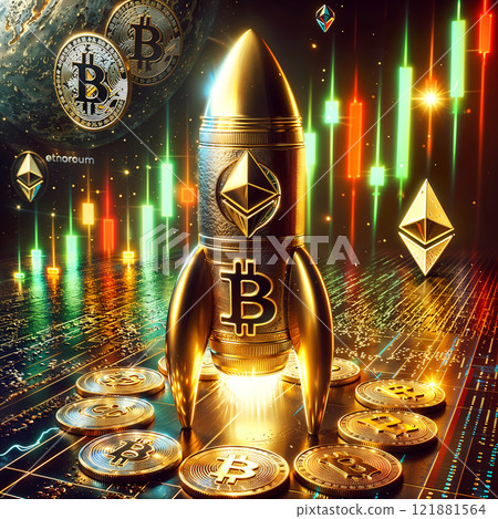 A shiny gold rocket adorned with the letter b is on it 121881564