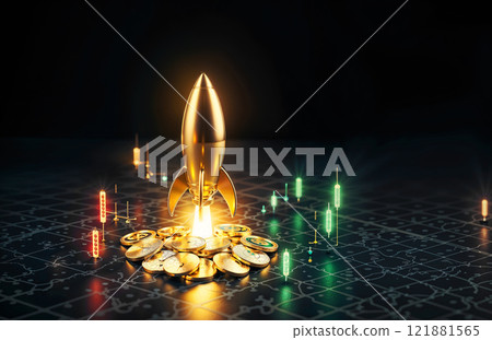 A shiny golden rocket is perched on top of a large heap of gold coins 121881565