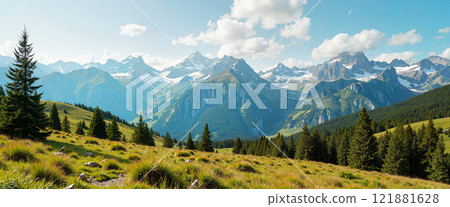 Majestic mountain landscape with lush greenery and crystal-clear skies in a serene setting 121881628