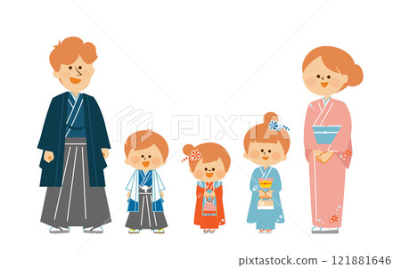 日本 Shichi-Go-San 穿著日本和服的家庭的可愛插圖 121881646