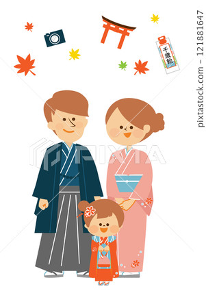 Japanese Shichigosan: Family wearing Japanese kimonos, cute illustration 121881647