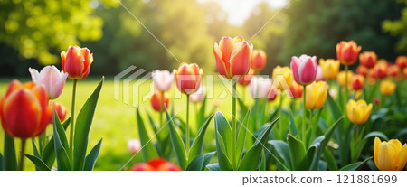 Vibrant tulip garden in full bloom during spring sunlight with a lush green background 121881699