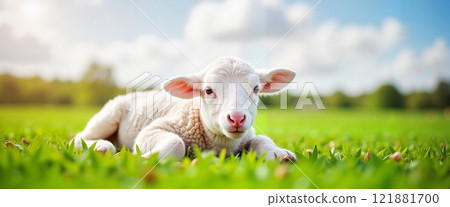 Lamb relaxing on green grass under a bright blue sky with fluffy clouds in a peaceful rural setting 121881700